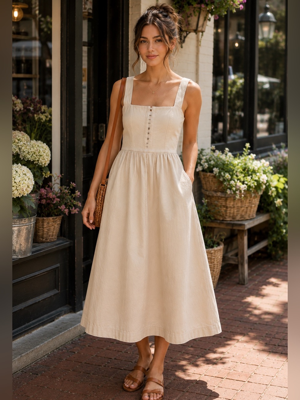 NWT Boutique 100% Cotton Corset Midi Dress Pockets Oatmeal Medium - Picture 1 of 13